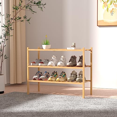 ROMGUAR CRAFT 3 Tier Bamboo Shoe Rack for Closet Free Standing Wood Shoe Shelf Storage Organizer for Entryway Small Space Stackable 27"x11"x20" (Natural) - color: Natural, size: 3 Tier
