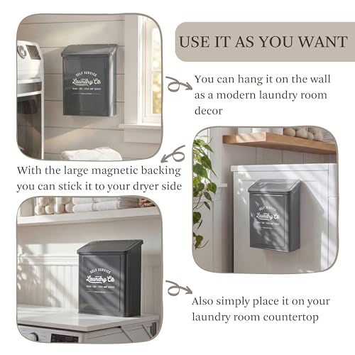 MONJITA Magnetic Lint Bin for Laundry Room, Wall Mounted Lint Trash can with lid for Dryer, Farmhouse Laundry Co Sign, Laundry Room Organization and Storage Decor with Dryer Lint Brush(Grey) - color: Grey