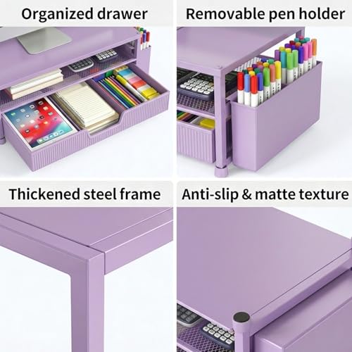 ECOLOVI Desk Organizer and Accessories, 2-Tier Computer Monitor Stand Rise with Storage Drawer & 2 Pen Holders, Laptop & Printer Stand for Desktop, Workspace Organizers for Office Supplies (Purple) - color: Purple