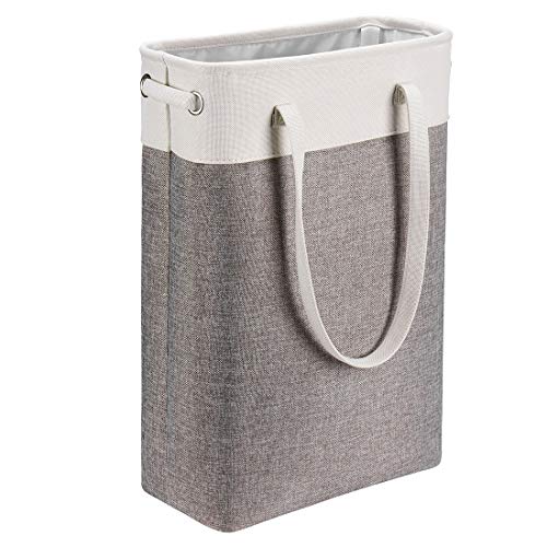 i BKGOO Laundry Basket with Handles white&Grey Coffee-Slim Laundry Bin Collapsible Dirty Clothes Basket Narrow Laundry Bag Foldable Dirty Hamper for Camping, Dorms, Apartments - color: white&Grey Coffee
