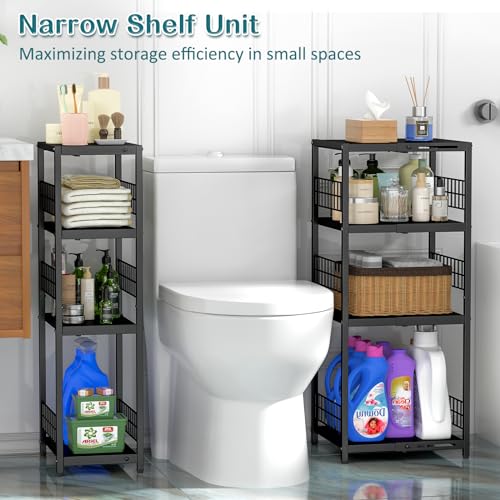 DAOUTIME Expandable Slim Storage Shelf, 4 Tier Metal Shelving Unit for Bathroom Storage Organizer, Freestanding Narrow Shelf for Small Spaces, Open Floor Shelves for Bathroom, Laundry Room, Kitchen - color: Black, size: 4-tier