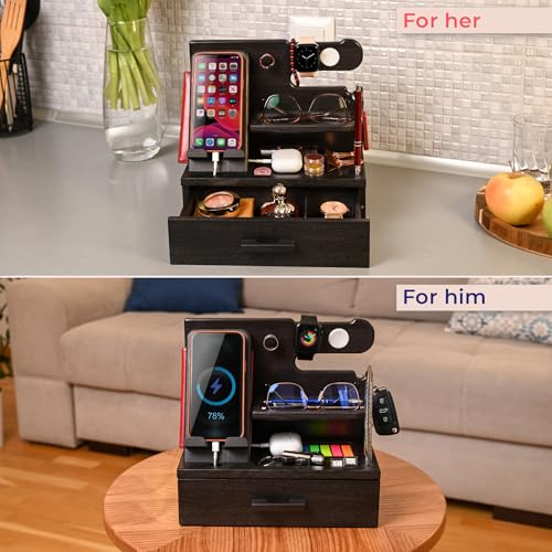 TESLYAR Wood Phone Docking Station with Drawer - Nightstand Organizer - Desk Organizer for Husband - Birthday Gifts for Men, Dad, Anniversary Idea, Key Holder Stand Watch & Accessories (Granite Black) - color: Granite Black