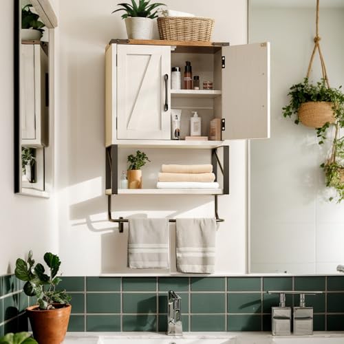 Bonnlo Wall Cabinet Farmhouse with Tower Bar Small Bathroom Medicine Cabinet Over Toilet Storage Organizer with Tower Bar Wall Mounted for Bathroom Kitchen Rustic White & Brown - size: Small - Farmhouse