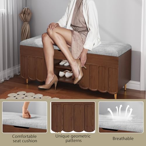 3More 40" Entryway Shoe Storage Bench,Upholstered Hidden Space Beneath Seat Cushion Bench,2-Tier Unique Geometric Shape with Wood Grain,Walnut - color: Brown