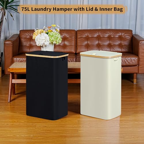iEGrow Slim Laundry Hamper,75L Beige Narrow Laundry Basket with Lid,Foldable Clothes Hamper with Bamboo Handles,Hamper Basket with Removable Inner Bag for Laundry Room Bedroom College Dorm - color: Beige, size: 75L