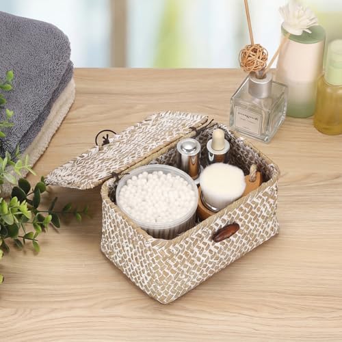Hipiwe Wicker Shelf Basket Mini Seagrass Basket with Lid Key Holder Box for Entry Tabletop Desk Organizer Home Decor, Whitewash 6.1" x 4" x 3.3" - color: Whitewash color, size: 6.1" x 4.0" x 3.3"