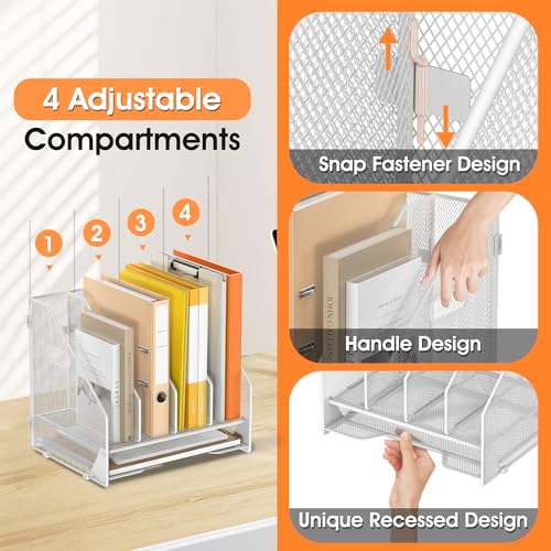 Desk File Folder Holder Organizer-4 Vertical Compartments Racks and Paper Letter Tray,Mesh Magazine File Holder Sorter,Desktop Accessories & Workspace Organizers for Home,Office,School-White - color: 4 Compartments-white