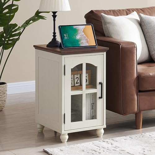 Narrow Side Table,Farmhouse Nightstand with Charging Station,Wood End Table with Glass Barn Door Storage, Cabinet Organizer with Adjustable Shelf, Night Stand for Small Spaces for Living Room Bedroom - color: White, size: Set 1