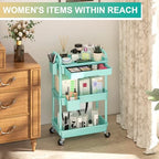 Goovilla 3 Tier Rolling Utility Cart Organizer with Removable Drawer, Stable and Sturdy Blue Rolling Storage Carts with 2 Lockable Wheels for Bathroom, Kitchen, Snack, Craft, Makeup, Baby Essentials - size: 3 Tier, style: Blue