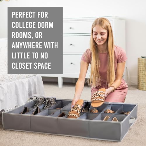 Under Bed Shoe Storage Organizer - TEAR-RESISTANT Heavy Duty 600D Material - Fits All Styles Men's and Women's Shoes, Up to 16 Pairs - Extra-Strong Zipper - Grey - Perfect for College Dorms - color: Grey, style: Set of 1