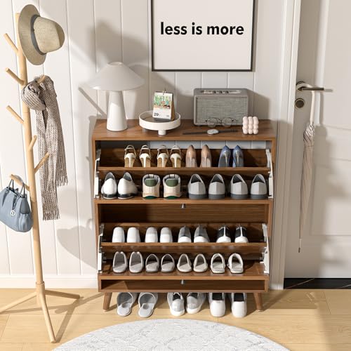 Fsbecl Shoe Storage Cabinet for Entryway with 2 Flip Drawers, Narrow Wood Shoe Cabinet with Fluted Panel, Freestanding Hidden Shoe Organizer for Foyer, Hallway (Walnut) - color: Walnut - With Shelf