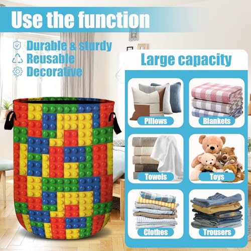 Colorful Building Blocks Laundry Basket, Laundry Hamper Collapsible Oxford Cloth with Handle Clothes Toy Storage Bin for Bathroom Laundry Room Bedroom 15.7 X 20 Inch - color: Colorful Building Blocks