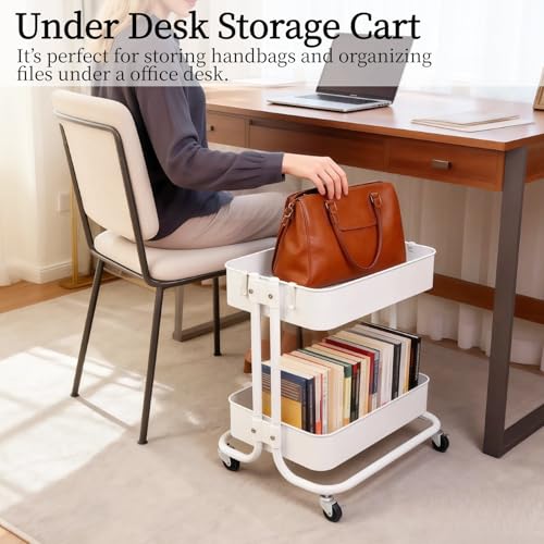 2 Tier Under Desk Storage Cart with Wheels Heavy Duty Metal Short Rolling Pantry Storage Cart for Small Space, Utility Trolley for Kitchen Bathroom Laundry Cute Snack Craft Organizer, White - color: White-1
