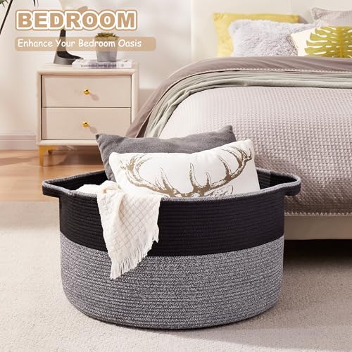 OIASKET Large Blanket Basket with Handles, 22.8" x 22.8" x 13" Woven Storage Basket for Living Room, Cotton Rope Baby Toy Storage for Clothes, Pillows, Towels-Black and Grey - color: Black & Grey, size: 90L