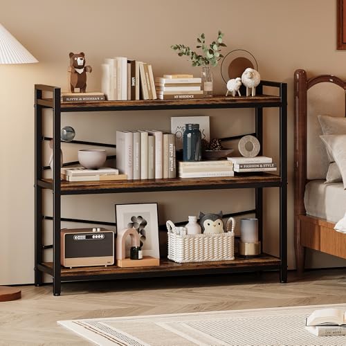 3 Tier Bookshelf 39.37" Width, Long Industrial Bookcase, Vintage Farmhouse Modern Wooden Big Book Shelf for Home Living Room Bedroom Office Storage(Rustic Brown) - color: Rustic, size: 3 Tier - 39.3" W