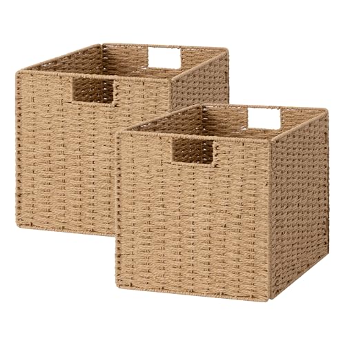 StorageWorks 13 inch Wicker Storage Baskets, Foldable Handwoven Wicker Basket for Organizing, Natural Paper Rope Square Storage Cubes, 2 Pack - color: Natural, size: 13"L x 13"W x 13"H