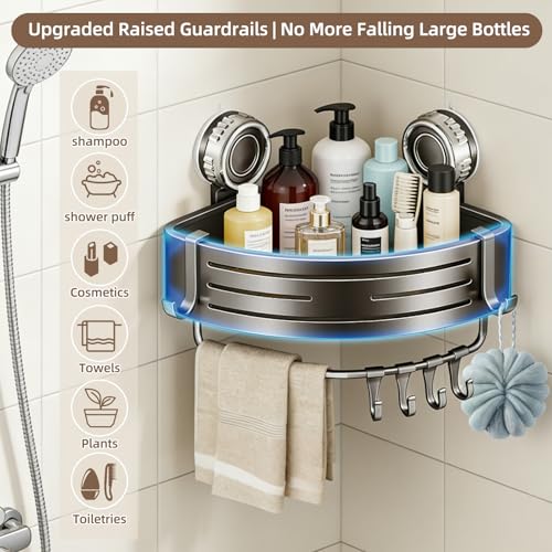 Corner Shower Caddy,Suction Cup Shower Bathroom Wall Shelf,No Drill Rust Proof Aluminum Organizer with Hooks,Floating Rack for Inside (Suction Cup Corner Shower Caddy,1 Tier,Gray) - style: Suction Cup Corner Shower Caddy ,1 Tier ,Gray