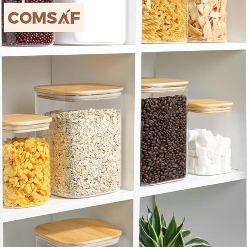 ComSaf 3.6Qt Glass Food Storage Containers, Cereal Storage Containers with Airtight Lids, Large Square Glass Jars with Bamboo Lids, for Rice, Pasta, Oats, Grains, Coffee Beans - color: 3.6Qt-Square