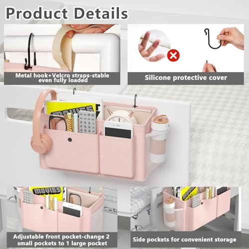 Edudif Bedside Caddy Bedside Organizer with Fixed Straps & Water Bottle Holder, Bunk Bed Caddy ideal for Home, Dorm, Hospital, Crib, Versatile Bedside Storage Solution (Pink 2pcs) - color: Pink 2pcs