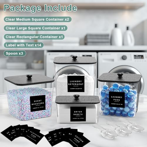 POLRAI 4 Pack Laundry Pod Containers and Dryer Sheet Holder with Bamboo Lids and Labels Laundry Room Organization Containers for Scent Booster Powder Detergent Pods Storage - color: Black, size: 2+1+1 Pack