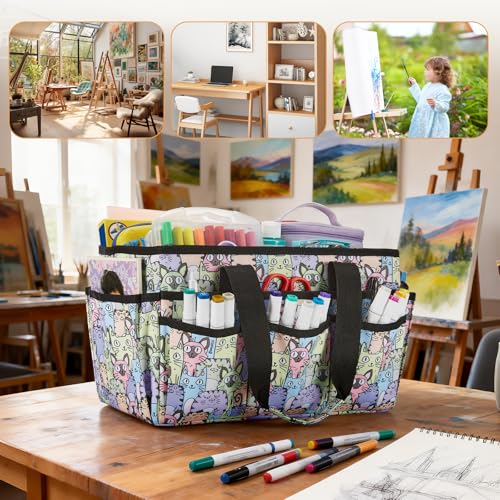 Craft Organizer Tote Bag, Art Organizer, Craft Caddy with Multiple Pockets, Storage Bag for Sewing Tools, Art Supplies, Home and Office (Cat Print) - color: Cat Print