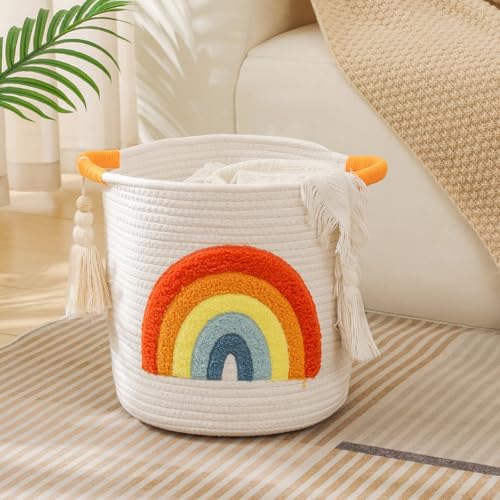 INough Toy Storage Baskets Woven Cotton Rope Storage Basket Kids Blanket Baskets for Living Room, Toys Organizer with Embroidery Colorful Rainbow Decor, Baby Basket for Laundry Nursery (Boho Rainbow) - color: Rainbow O, size: Medium