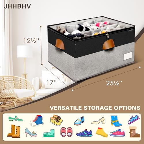 2 Pack Shoe Organizer for Closet, Adjustable Shoe Box Storage Containers, Large Foldable Shoe Bins with Clear Cover, Space Saving Shoes Holder with 4 Handles, Fits 24-48 Pairs, Black - color: Black and Grey, size: (2 Pack) 25 ½"L x 17"W x 12 ½"H