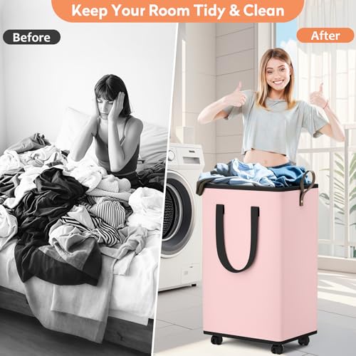 SpaceTrove Laundry Basket with Wheels, Collapsible Laundry Baskets, Laundry Hamper with Handles Detachable Wheels, Rolling Laundry Basket, Dirty Clothes Hamper for Bathroom, Dorm, Bedroom, Pink, 100L - color: Pink, size: 100L