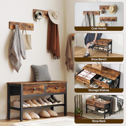 YATINEY Hall Tree with Bench and Shoe Storage, Entryway Bench with Coat Rack, 4-in-1 Coat Rack Shoe Bench, Multifunctional, for Front Door, Hallway, Foyer, Rustic Brown and Black MT05BR - color: Rustic Brown + Black