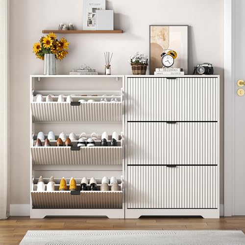 HUANLEGO Shoe Cabinet Storage for Entryway with 3 Flip Drawers, White Fluted Shoe Cabinet with Adjustable Shelves, Wooden Hidden Shoe Rack Freestanding Narrow Slim Shoes Storage for Hallway, Entrance - color: White, size: 3 Drawer