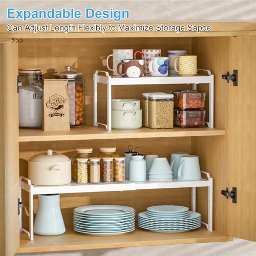 4 Pack Kitchen Cabinet Shelves Organizers, Kitchen Counter Storage Shelf Spice Rack, Expandable Length, Adjustable Height, Stackable, Sturdy 30LBS Bearing, Small Cupboard Tabletop Organizer Shelf Rack - color: White, size: 4 Pack (L=12.6"-20.5")