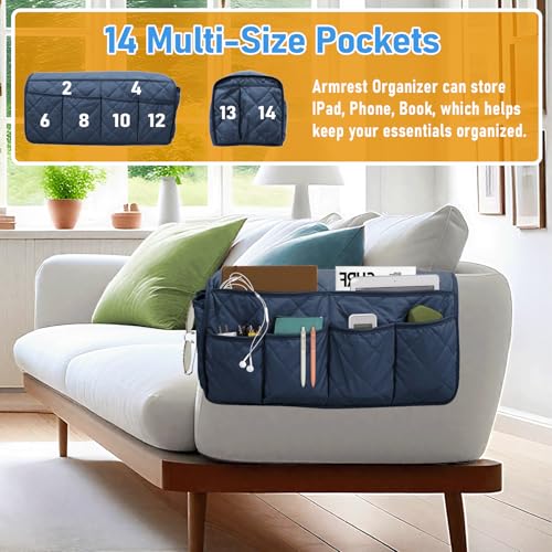 Armchair Caddy, Sofa Armrest Organizer, Non Slip Recliner Organizer, Remote Control Holder for Recliners, Recliner Arm Caddy with 14 Pockets Storage for TV Remote, Phone, Magazine(Blue) - color: Blue