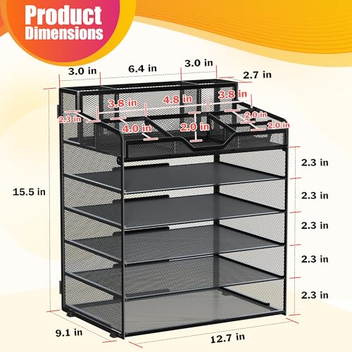Docnest 6 Tier Mesh Desk Organizer for Paper Office Supplies – Multi-Functional Letter Tray with 5 Adjustable Compartments, 3 Pen Holders, Desktop Storage for Files, Mail, Stationery – Black - color: Black, size: 12.7" x 9.1" x 15.5"