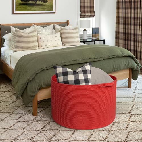 MEGASKET 115L Extra Large Red Basket for Organizing, 23.6"x15.7" Jumbo Woven Cotton Rope Bins for Blankets, Baby Nursery Laundry Basket, Kids Dog Toy Storage Box, Huge Red Living Room Decor Organizer - color: Red, size: 23.6"x23.6"x15.7"