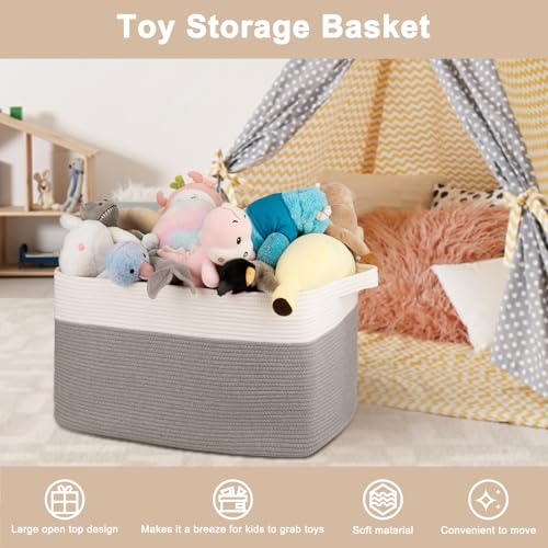 OIAHOMY Extra Large Blanket Basket, 95L Cotton Rope Woven Laundry Basket, Toy Bin for Baby Room, Container for Blanket Storage in Living Room, 24''×17''×14'', Grey & White - color: Grey & White, size: 95L