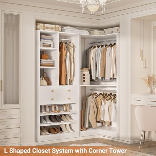 Besiost Corner Closet System with 2 Drawers, 3 Hanging Rods, 59.5" * 31.5" Closet Organizer System with Corner Tower, Reversible L Shaped Walk-in Closet System, Corner Closet System Set of 2, White - color: White, size: 59.5" * 31.5"