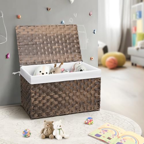 Wicker Storage Basket with Lid, 42.3 Gallon (160L) Large Blanket Basket with Lid, Woven Storage Bin with Handles, Removable Liner, Metal Frame, Foldable, for Bedroom, Laundry Room, Brown - color: Brown, size: 160L:17.7 x 29.9 x 18.1 Inches