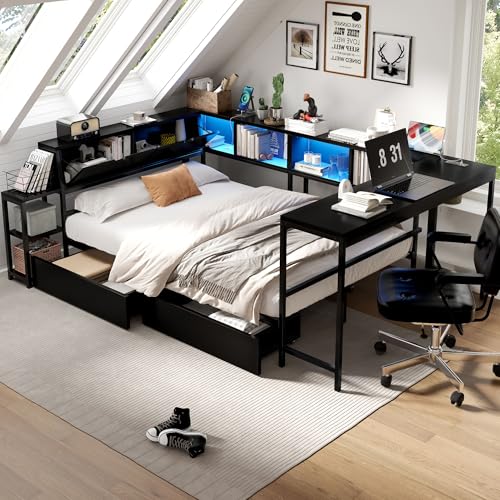 Corner Bed Frame Queen with Storage Bookshelf & Desk, U-Shaped Daybed Frame with 2 Drawers, Metal Corner Beds with Charging Station & LED Lights for Bedroom, Flip Left or Right (Black, Queen) - color: Black, size: Queen
