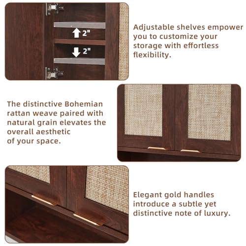 LEYAOYAO Rattan Bathroom Wall Cabinet, Boho Medicine Cabinet with Adjustable Shelf & Doors, Over The Toilet Storage Cabinets Organizer for Laundry Room, Kitchen, Living Room, Walnut - color: Walnut, size: 7.7"D×23.5"W×24"H