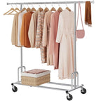 Tajsoon Heavy Duty Clothes Rack Foldable Garment Rack with Wheels and Extendable Rod, Freestanding Clothing Rack for Hanging Clothes, Adjustable ＆ Collapsible Rolling Racks with Bottom Shelf, Chrome - style: Single Rod Heavy Duty