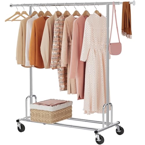 Tajsoon Heavy Duty Clothes Rack Foldable Garment Rack with Wheels and Extendable Rod, Freestanding Clothing Rack for Hanging Clothes, Adjustable ＆ Collapsible Rolling Racks with Bottom Shelf, Chrome - style: Single Rod Heavy Duty