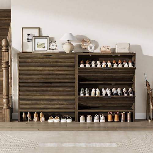 Garvee Shoe Storage Cabinet for Entryway, Fluted Shoe Cabinet with 2 Flip Drawers Doors, 32" Wide Hidden Shoe Rack Tall Freestanding Shoe Organizer for Entrance, Hallway, Living Room, Walnut - color: Walnut, size: 2 Drawers