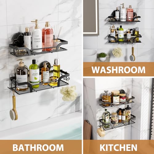 LEVERLOC 2 Pack Shower Caddy Suction Cup, Shower Shelves for Inside, Rustproof Metal Bathroom Storage NO-Drilling Bath Organizer with Large Capacity,Heavy Duty Storage Basket,Home Decor,Black - color: Black