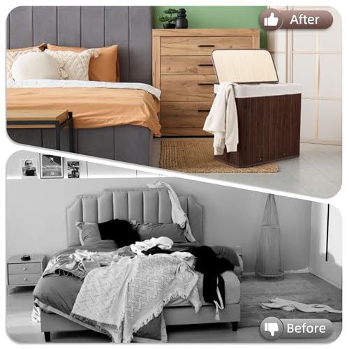 Aliphon 72L Slim Laundry Hamper with Lid, Foldable Bamboo Clothes Laundry Basket with Handles, Removable and Machine Washable Liner, for Bedroom, Bathroom, Dorm, Brown - color: Chestnut Brown, size: 72L
