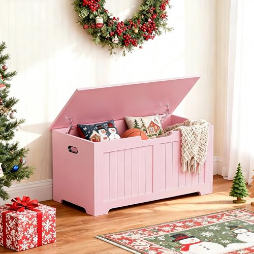JungleA 39.4" Storage Chest Trunk, Large Wooden Storage Box, Organizer Shoe Blanket Bench with 2 Safety Hinges, Supports 288 lb, Easy Assembly, for Entryway, Bedroom, Living Room, Pink - color: Pink, size: 39.4"