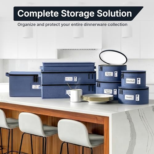China Storage Hard Shell Containers 8-Piece Set Moving Boxes for Dinnerware, Glasses, Plates, Mugs and Saucers Sturdy Dish Organizer with Dividers for Seasonal Storage - Service for 12 - Denim Blue - color: Denim Blue, size: 8 Pack