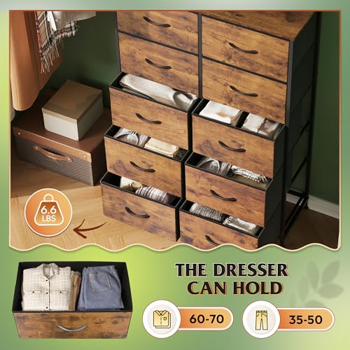 WLIVE Tall Dresser for Bedroom with 10 Drawers, Fabric Dresser for Closet, Storage Tower with Cabinet, Metal Frame, Rustic Brown Wood Grain Print - color: Rustic Brown Wood Grain Print