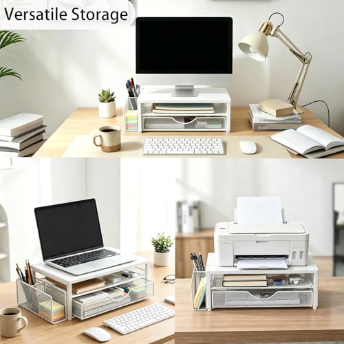 Spacrea Desk Organizer and Accessories, Computer Monitor Stand Riser with Drawer and 1 Open Pen Holder, Printer & Laptop Stand, Office Desk Accessories for Home Office Supplies (White) - color: White - Metal Drawer