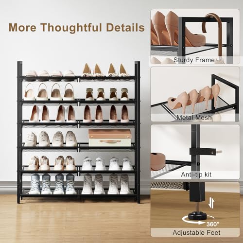6 Tier Metal Shoe Rack, Tall Shoe Organizer Holds 24-30 Pairs, with Adjustable Flat or Angled Shelves, Shoe Storage Shelf for Closet, Entryway, Garage, Black - size: 6-Tier
