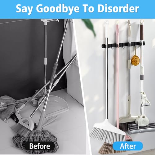 Huryfox Mop and Broom Holder Wall Mounted - Sturdy Stainless Steel Rack with Utility Hooks, 4 Racks, 3 Hooks Adjustable Design and Multiple Storage Organiser Options, Perfect for Kitchen, Laundry - size: 4 Racks and 3 Hooks